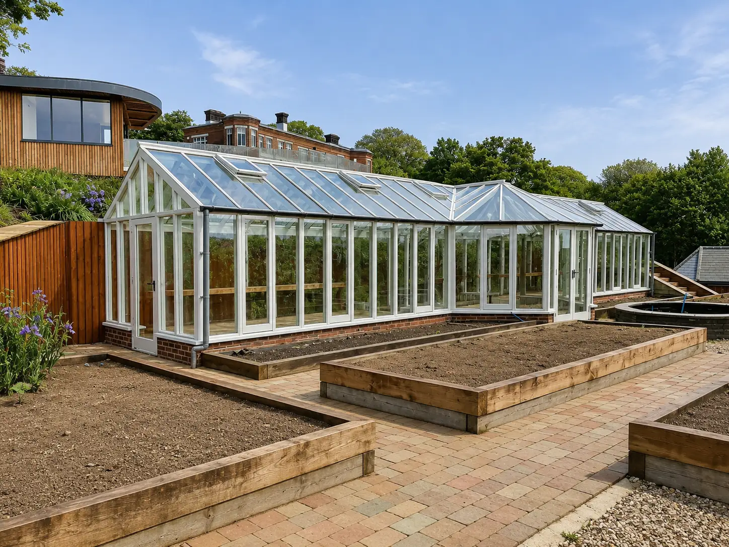 White-framed multi-bay greenhouse with raised oak vegetable beds in a Sussex kitchen garden