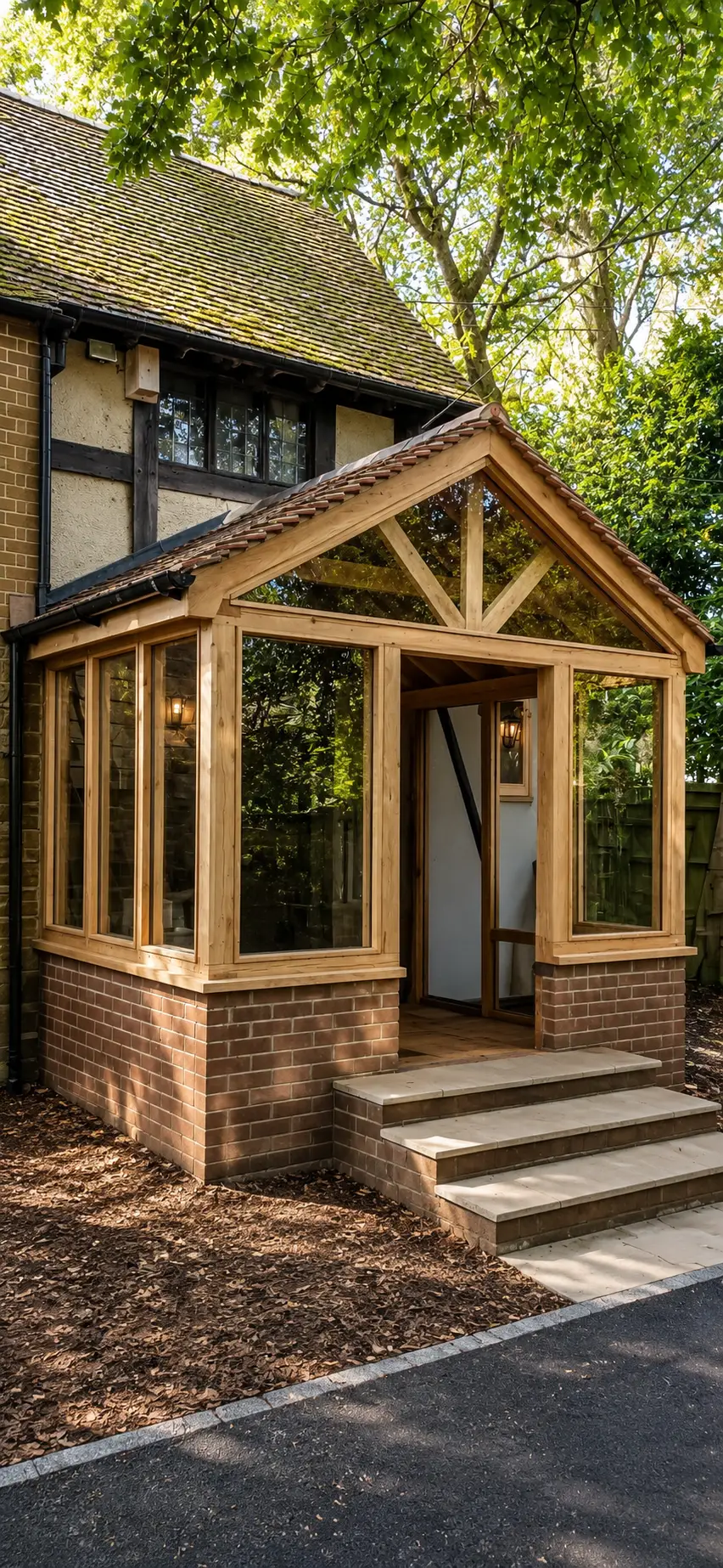 Bespoke oak-framed glazed entrance porch with brick base and gabled tiled roof on a Sussex house