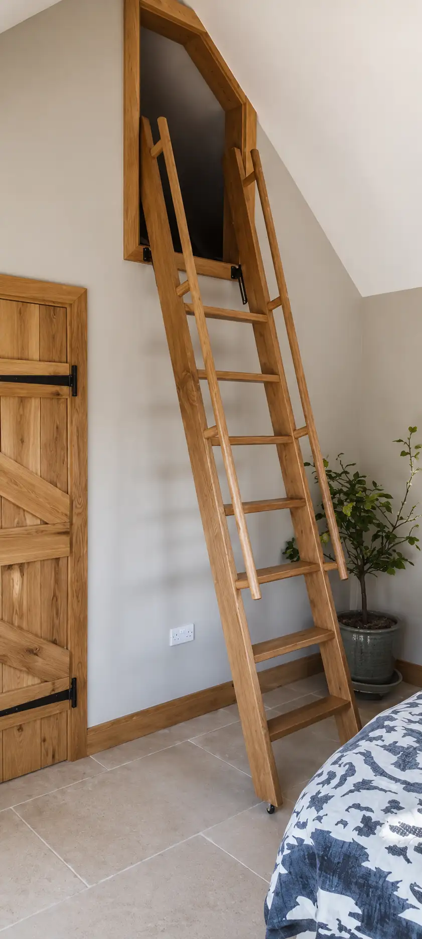 Bespoke oak loft ladder to a mezzanine hatch beside an oak ledged-and-braced door