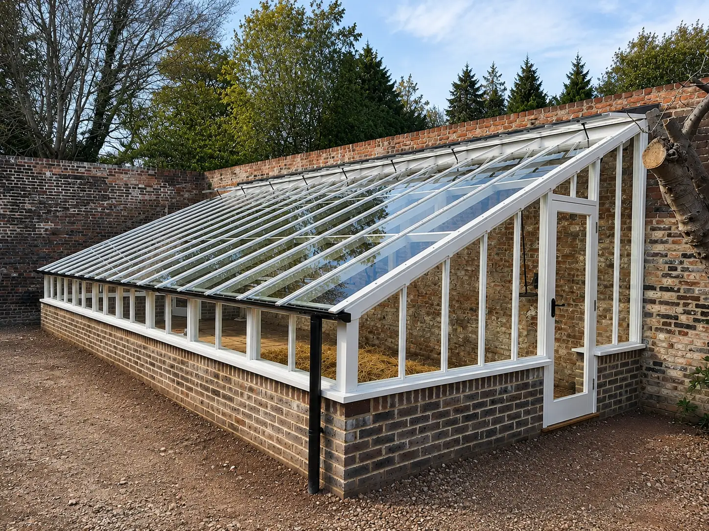 White-framed walled-garden glasshouse built against a restored brick garden wall in a Sussex kitchen garden