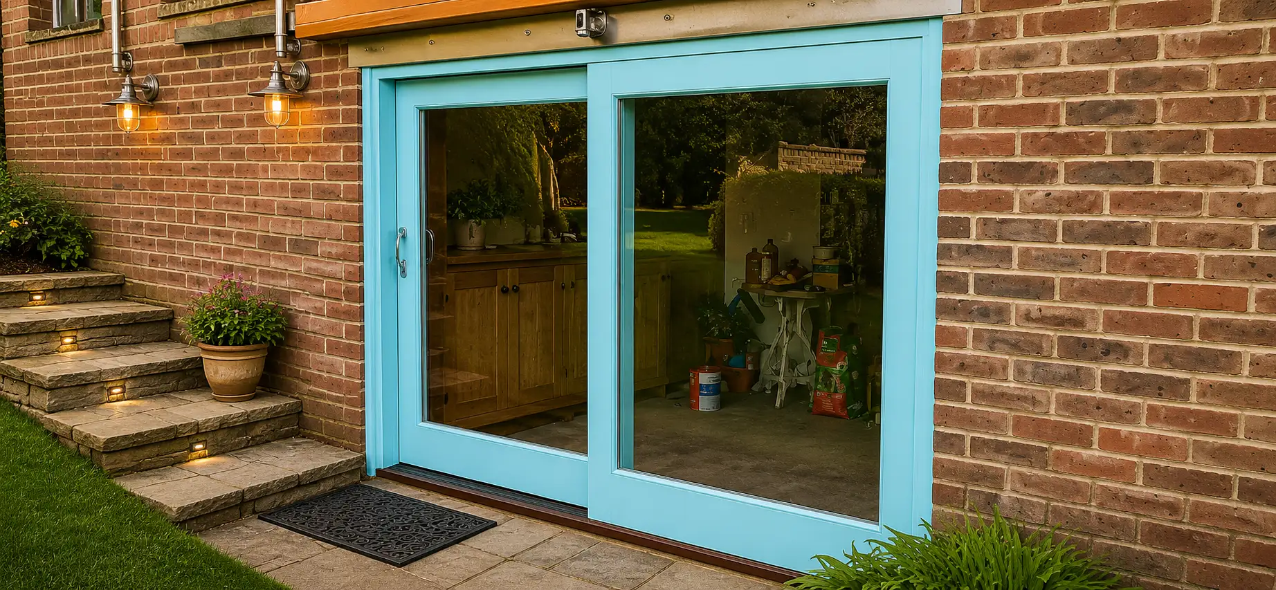 Pair of blue-painted timber sliding patio doors set into a red-brick wall opening