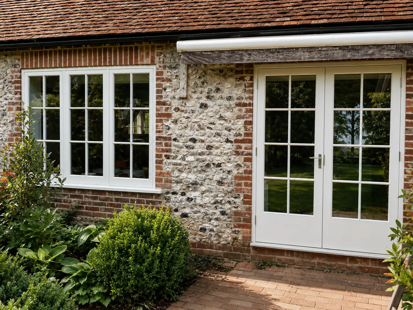 White painted French doors and matching casement window set into a flint-and-brick cottage wall