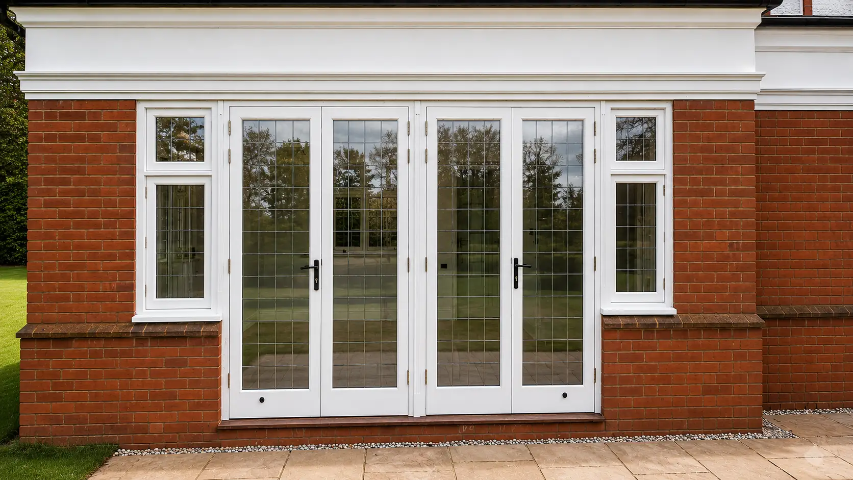 White painted French doors with leaded glazing and flanking windows on a brick orangery