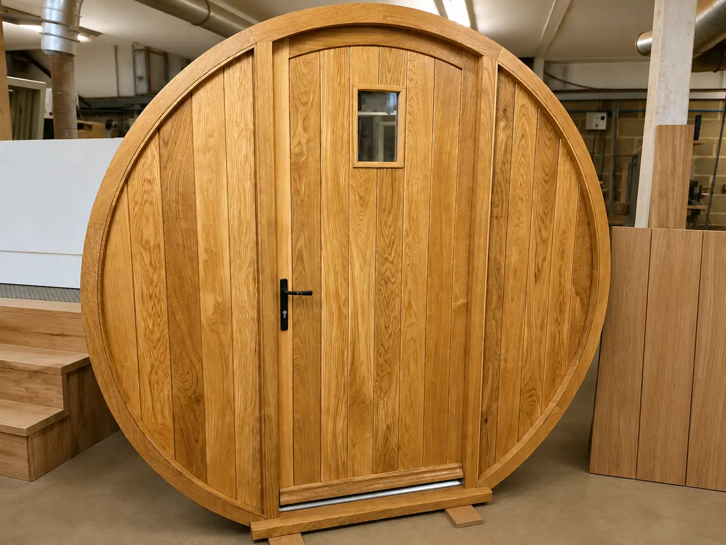One-off round oak barrel door with a small viewing window, built in the Forest Joinery workshop