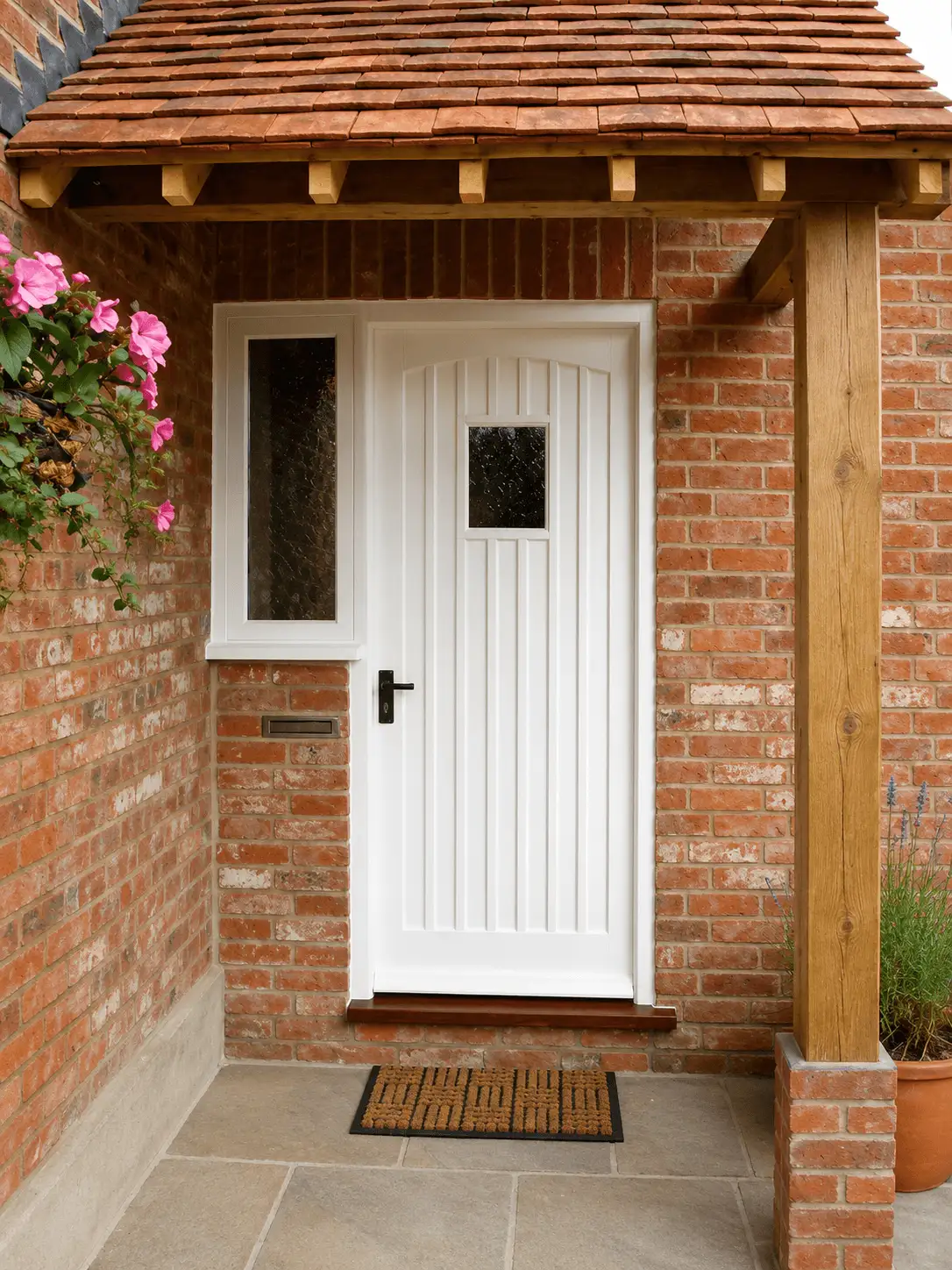 White painted boarded front door with a glazed light, under an oak porch with a clay-tiled roof
