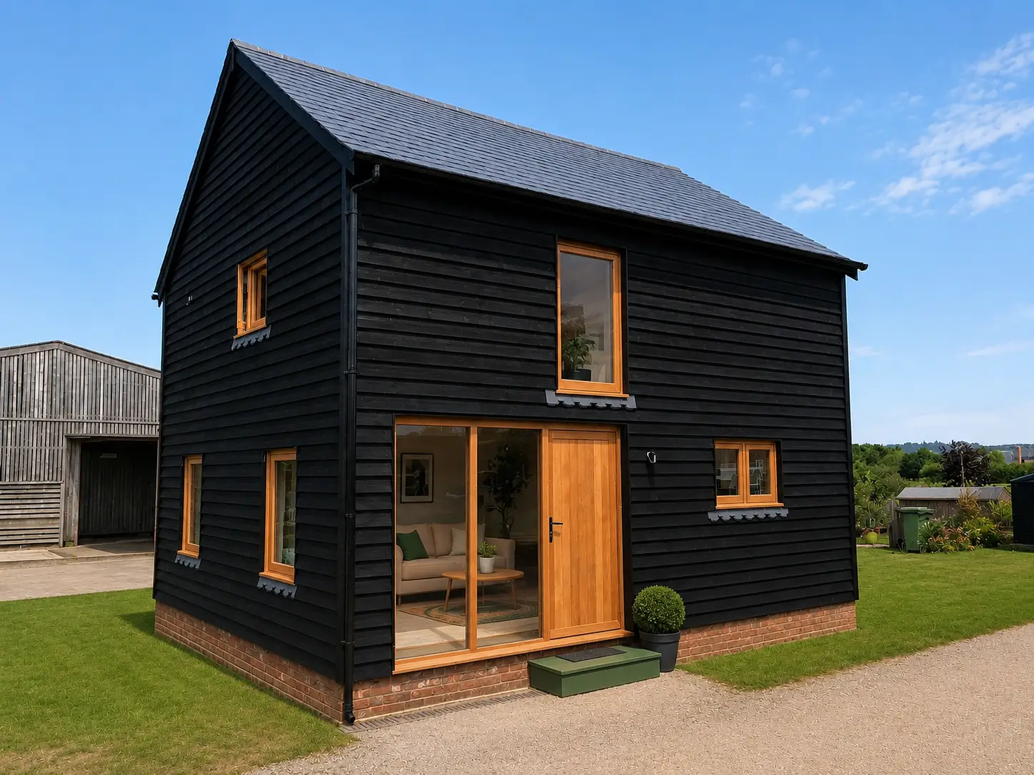 Forest Joinery oak casement windows and front door on a contemporary black-clad Sussex home