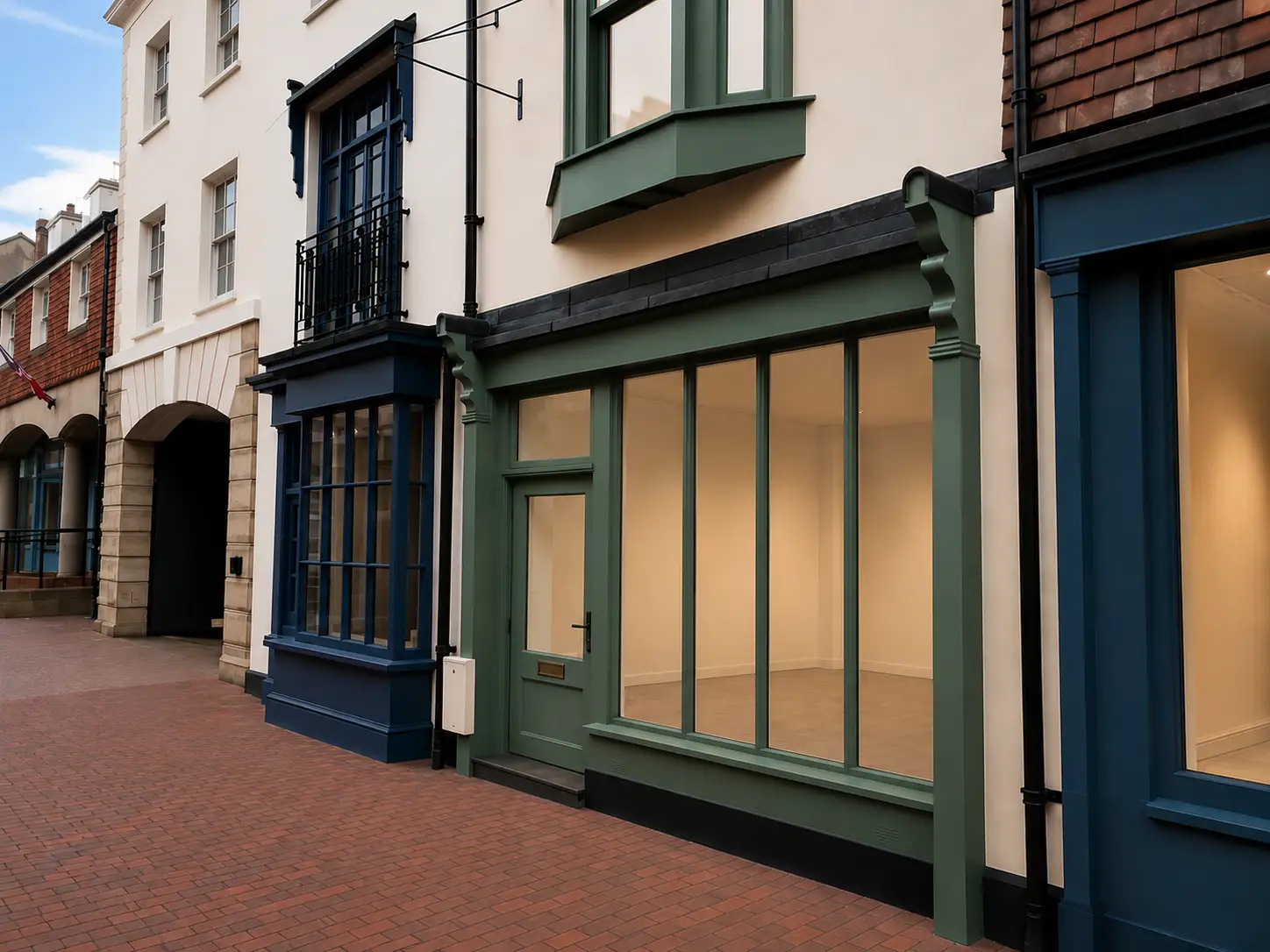 Hand-built sage-green shopfront with full-height display glazing on a Sussex street