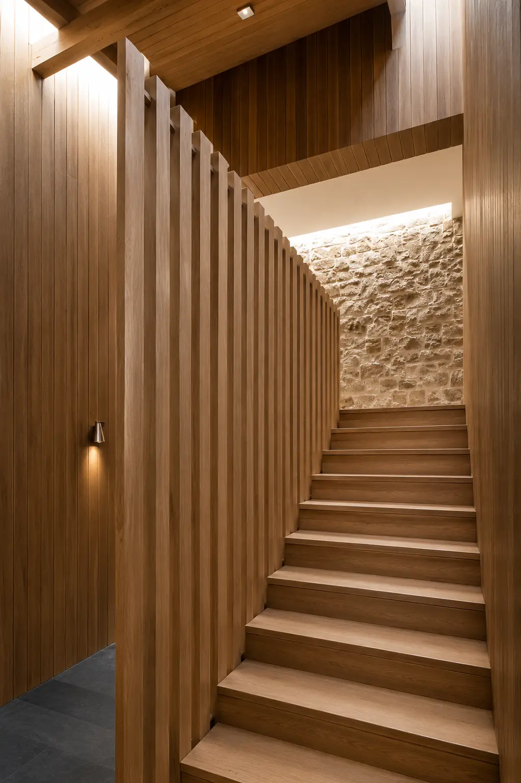 Bespoke curved open-tread staircase with vertical slatted balustrade, set against a Sussex stone wall