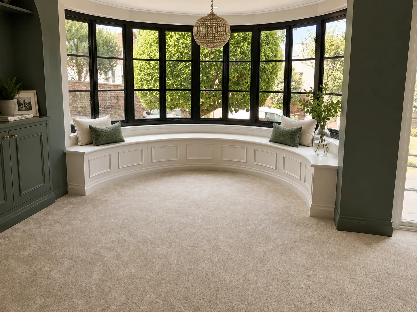 Curved fitted window-seat banquette with panelled front in a bay window