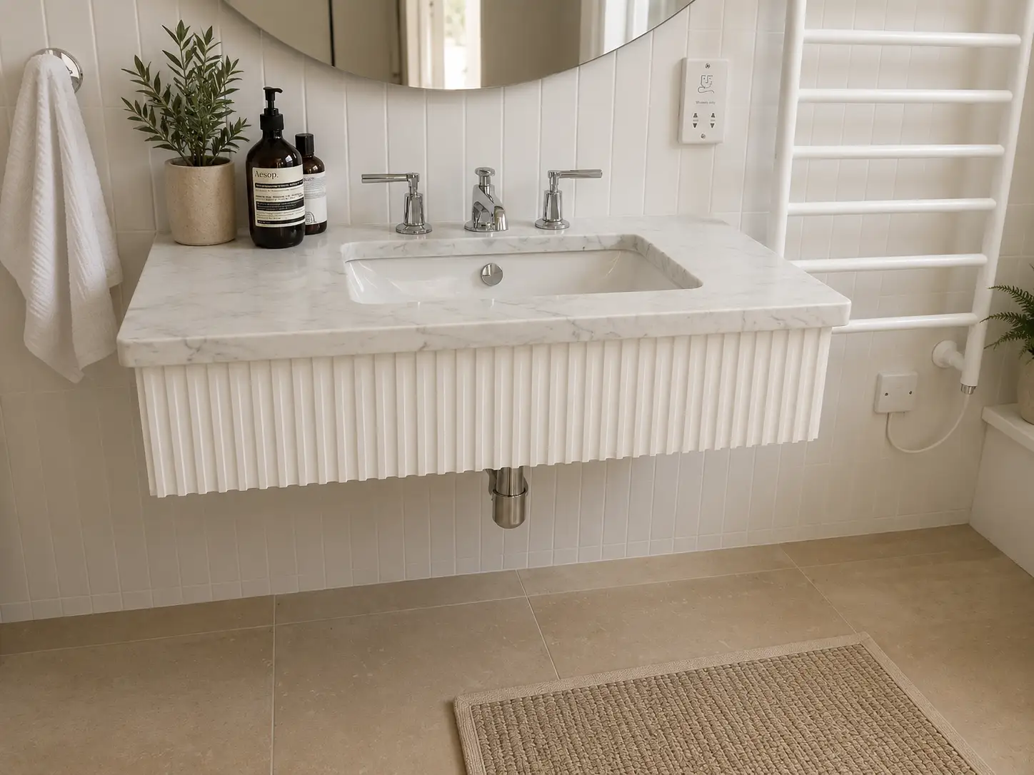 Bespoke fluted painted vanity unit with Carrara marble top on a panelled bathroom wall