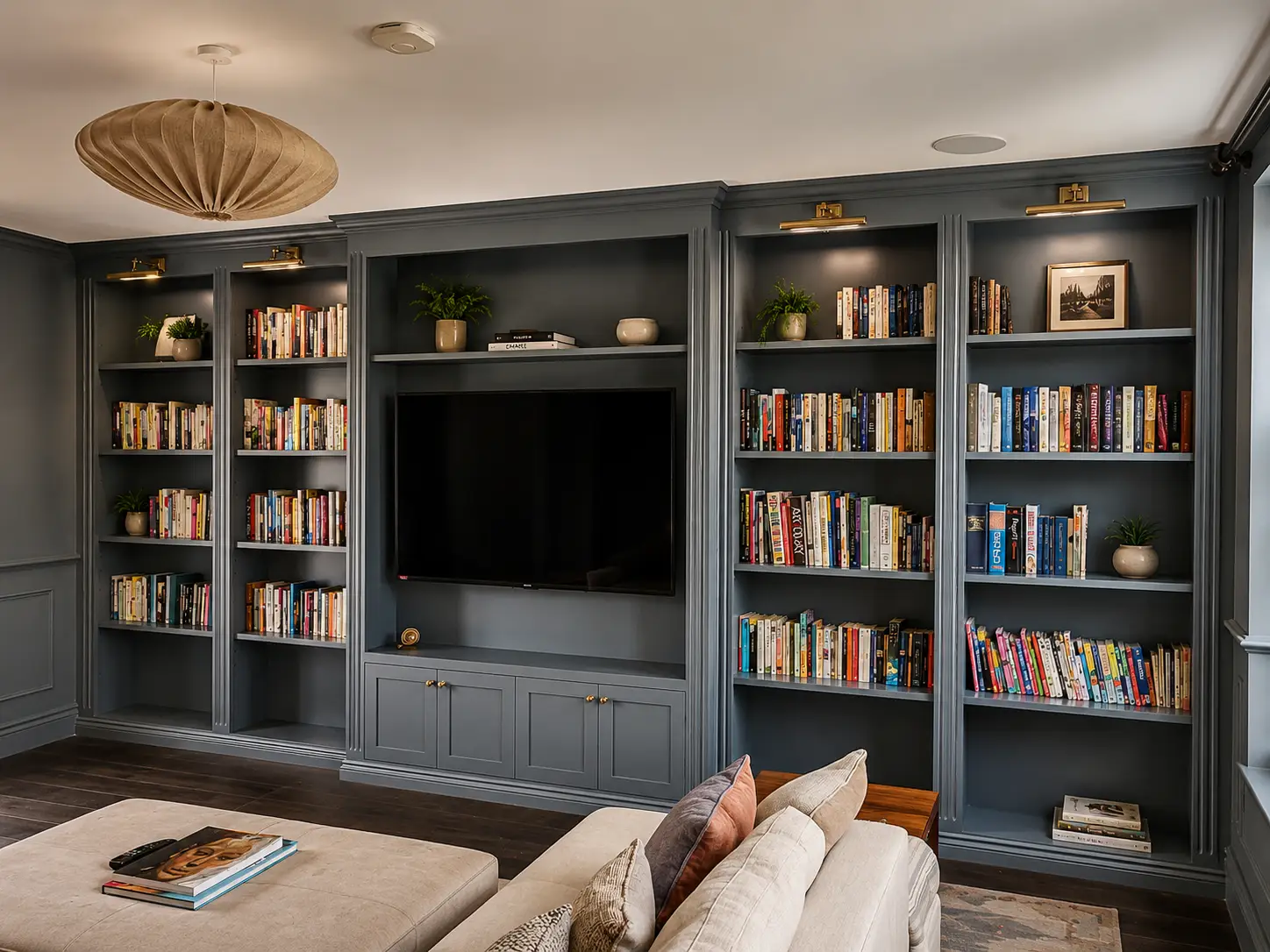 Floor-to-ceiling slate-blue fitted media wall with bookcases, brass picture lights and a TV inset