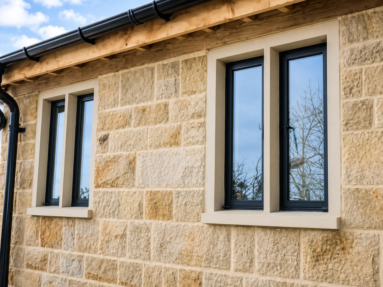 Slim dark grey painted casement windows set in dressed sandstone with stone surrounds and sills