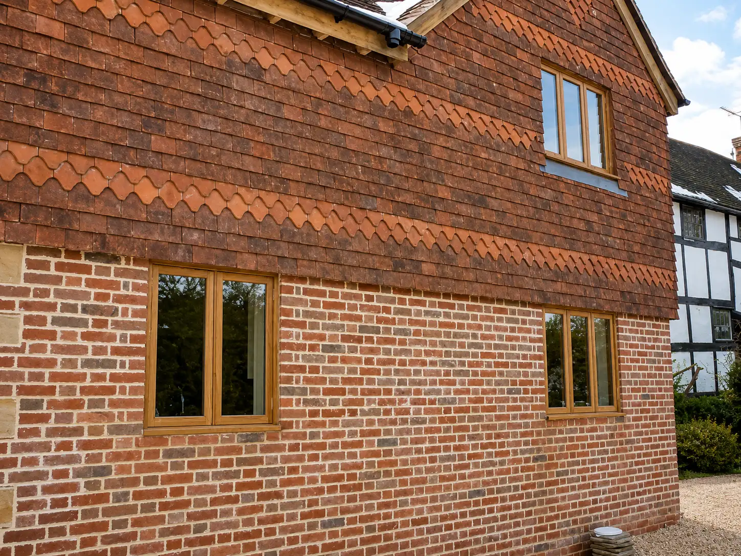 Stained oak casement windows on a red-brick and tile-hung elevation with a decorative tile course