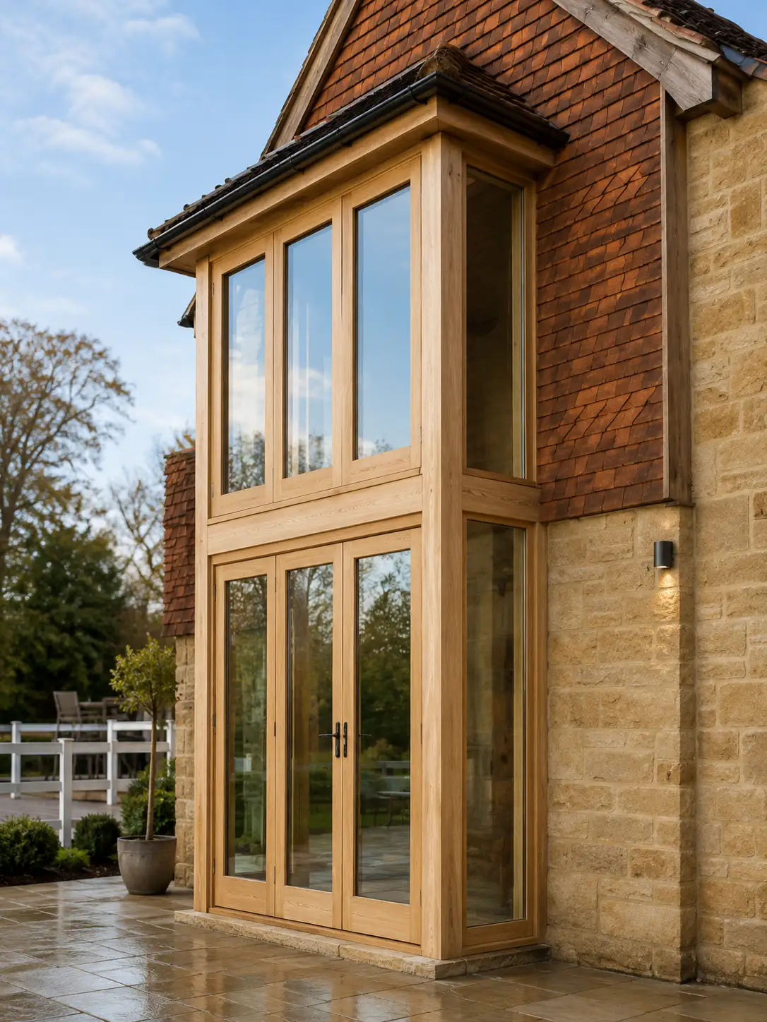 Tall oak-framed glazed gable extension with full-height windows and French doors on a stone house
