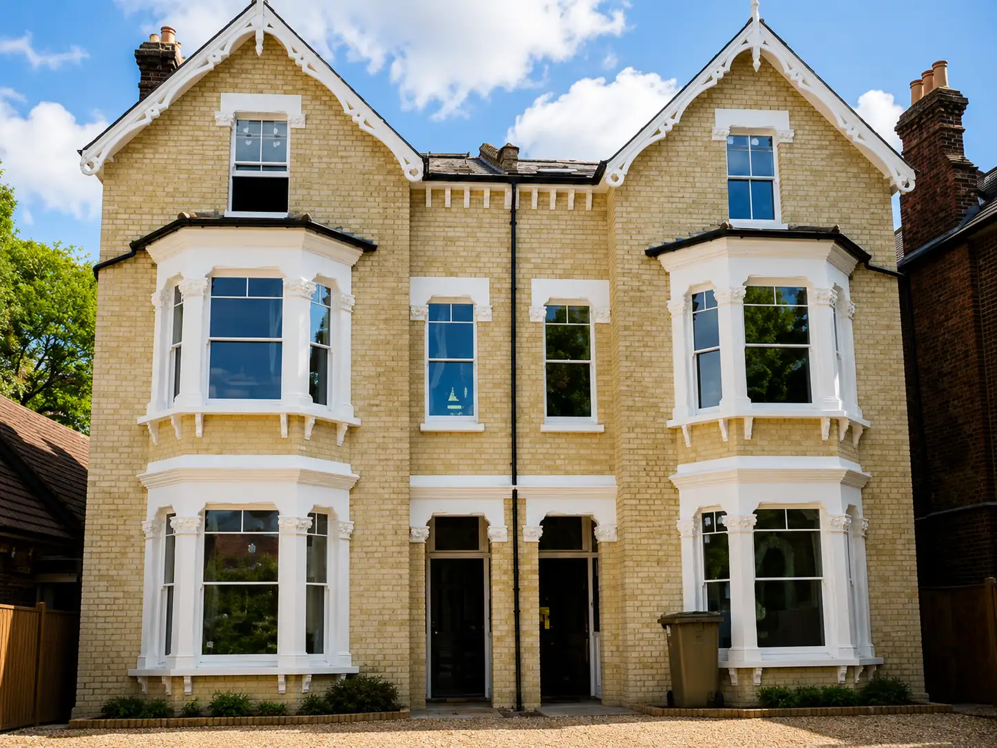 White painted box-sash bay windows on a double-fronted Victorian yellow-stock-brick house