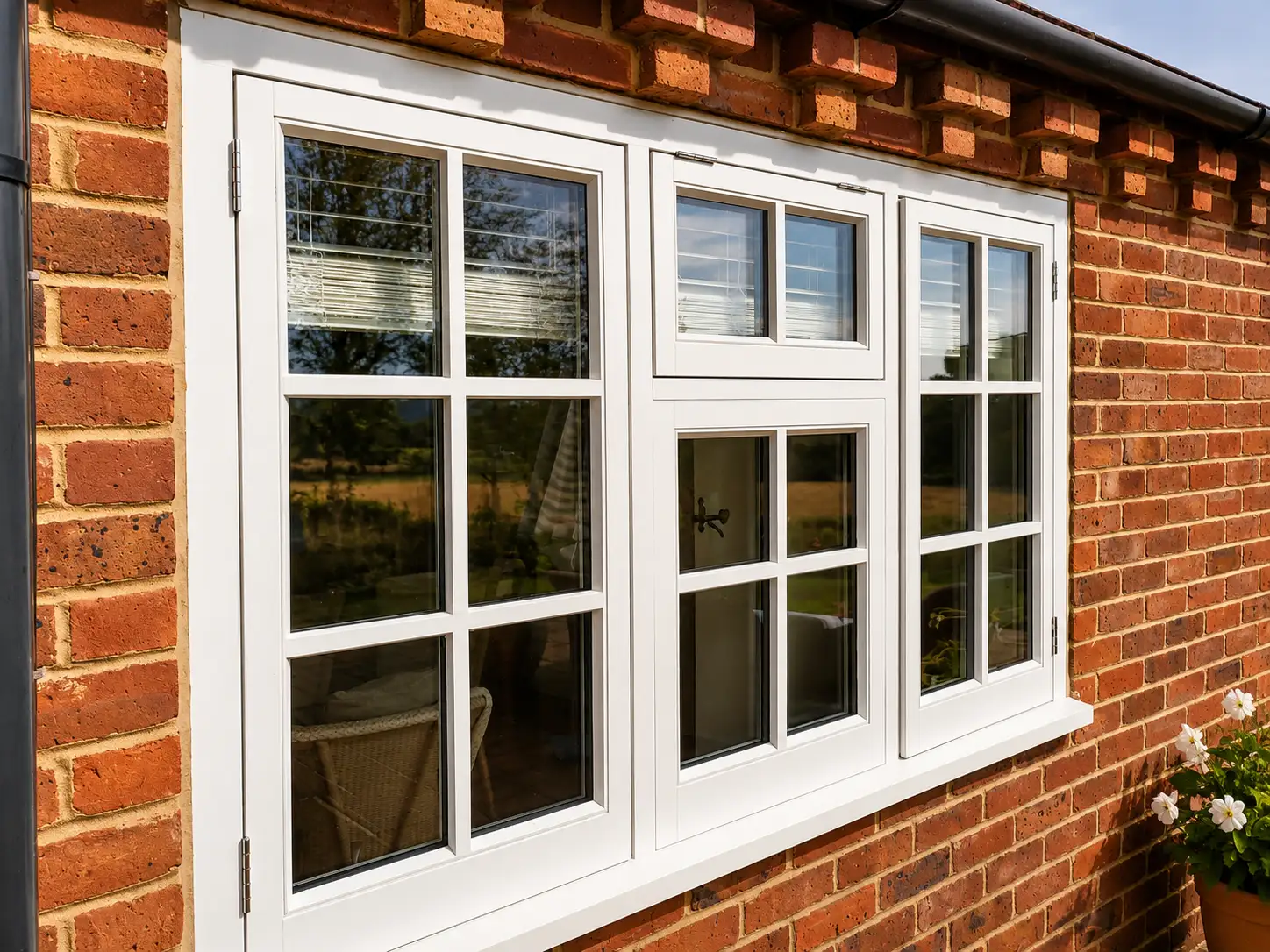 White casement windows with Georgian glazing bars set into a red-brick wall