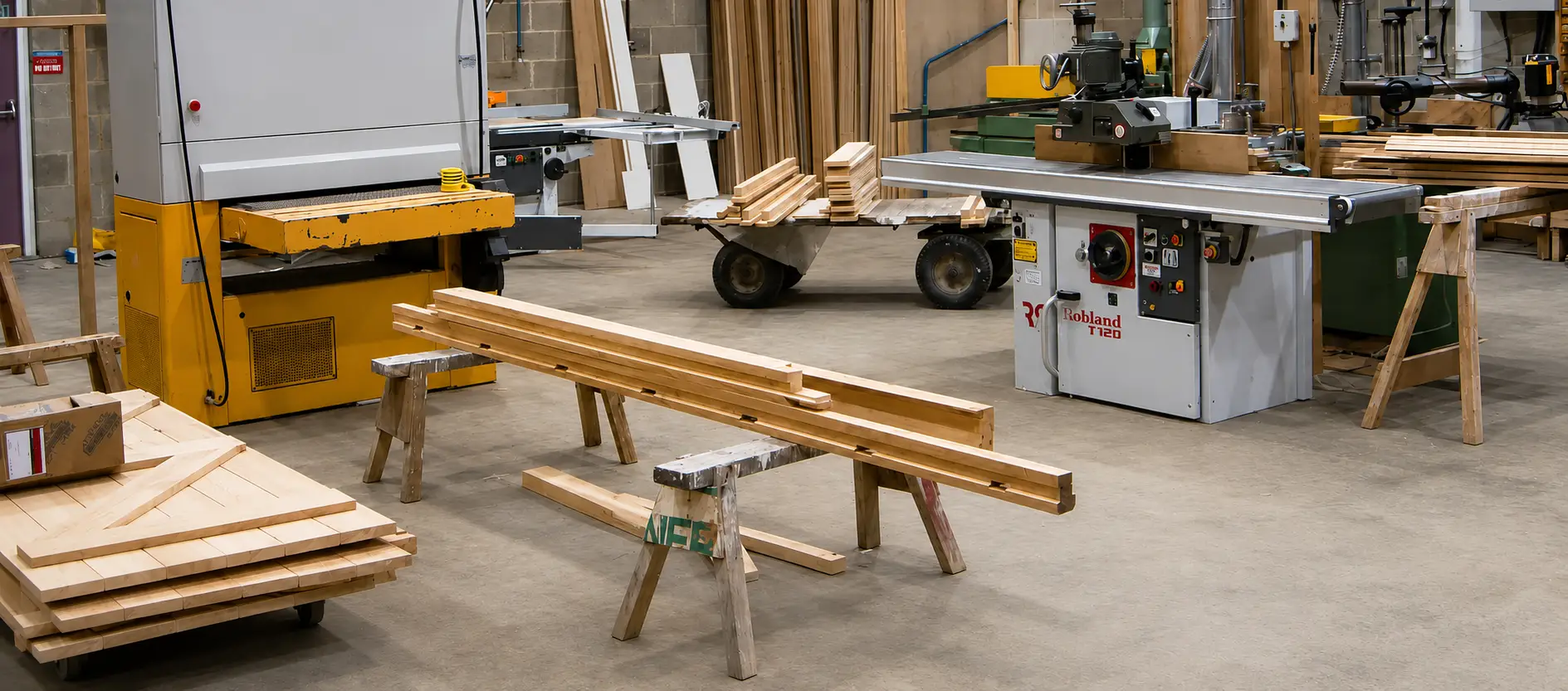 Inside the Forest Joinery workshop on Bell Lane, Uckfield, with timber on trestles and saw benches